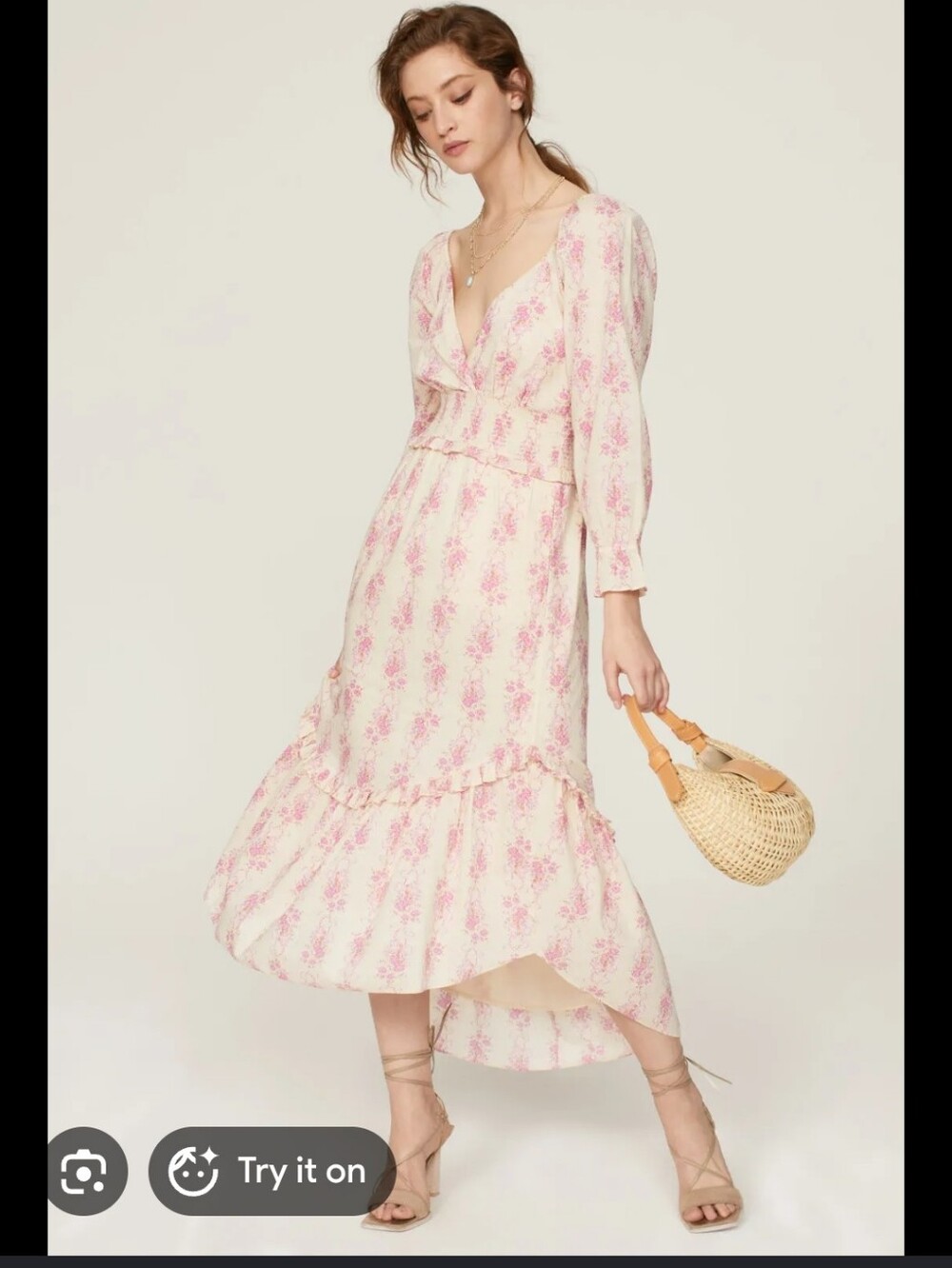 LOVESHACKFANCY Floral V-Neck Long Sleeve Midi Dress in Pink/Lilac, 100% Cotton